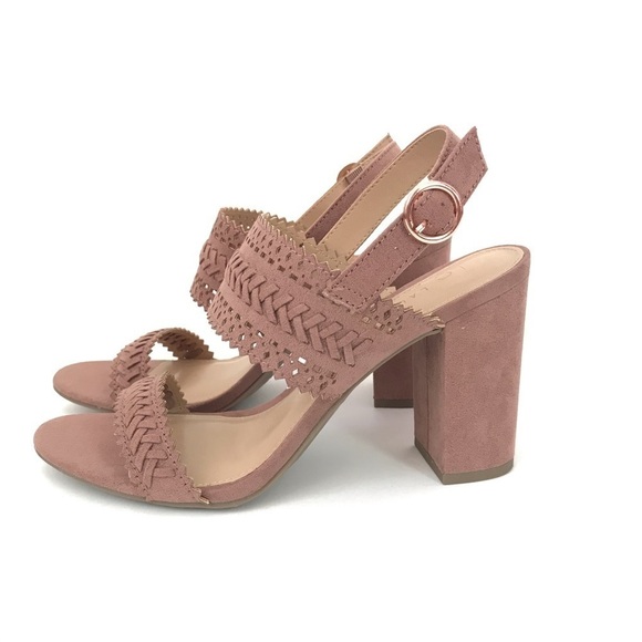 New! Block Heel Faux Suede Bohemian Pink Mauve Chunky High Heel Braided Sandals - Picture 2 of 12